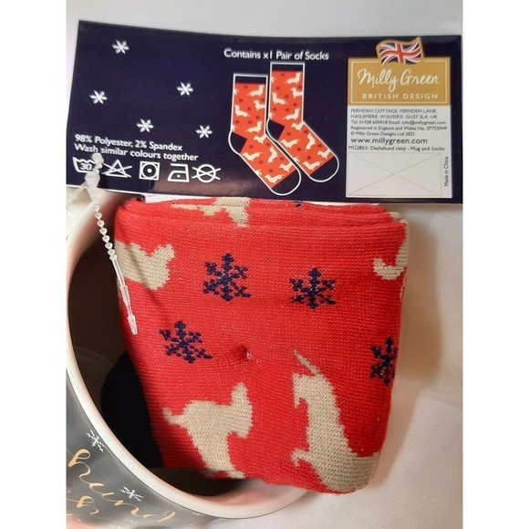 New Milly Green Christmas Dog Mug & Socks Set “Dachshund Through The Snow" Blue - Picture 2 of 9
